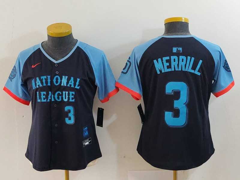 Women%27s San Diego Padres #3 Jackson Merrill Number Navy 2024 All Star Limited Stitched Jersey